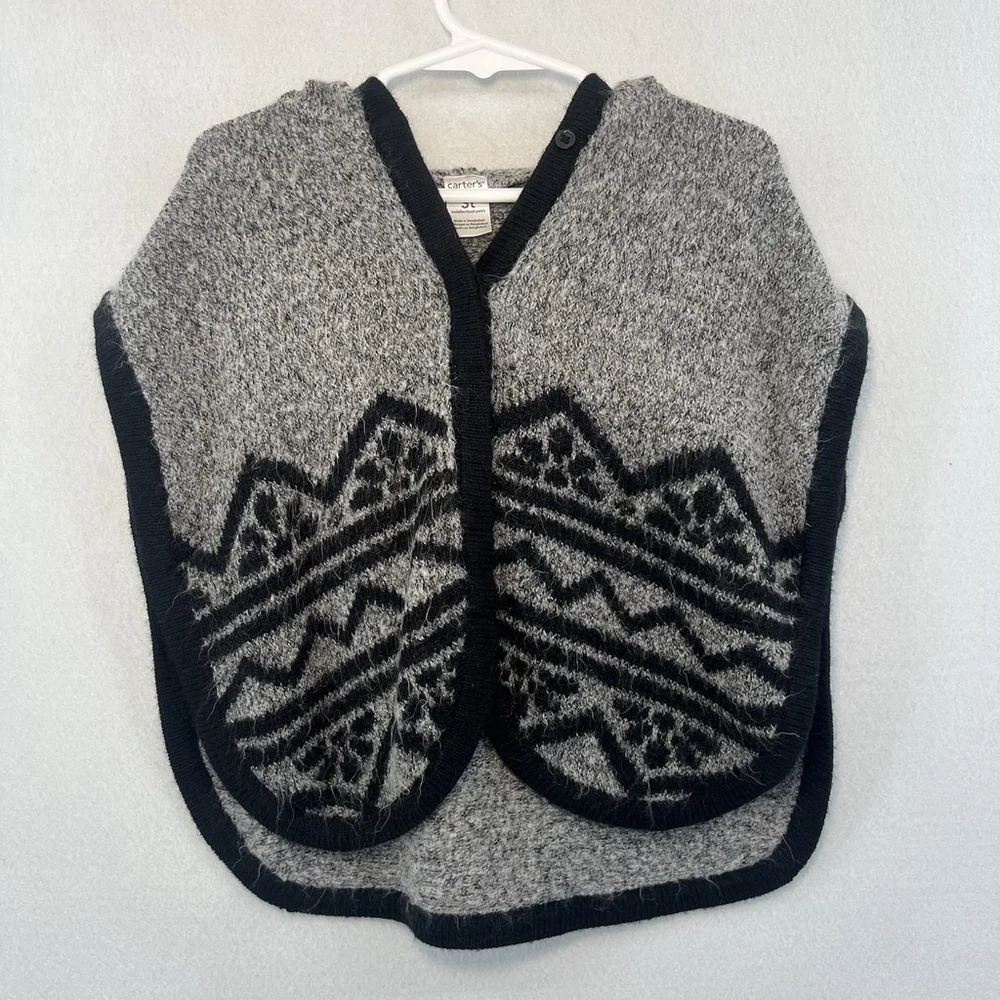 Carter's Girl Hooded Pullover Poncho Knit Black Gray Toddler Size 3T Sweater Top